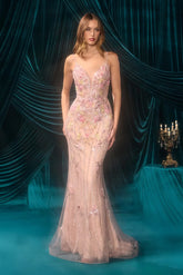 A1500 - Floral Beaded Fitted Gown - Andrea & Leo