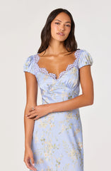 Inixyf Makaela Puff Sleeve Floral Satin Midi Dress
