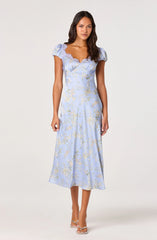 Inixyf Makaela Puff Sleeve Floral Satin Midi Dress