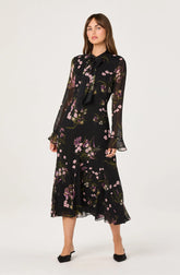 Lbruh Tie-Neck Ruffled Floral Midi Dress