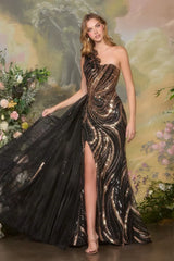 A1502 - One Shoulder Sequin Evening Gown - Andrea & Leo