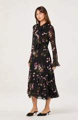 Lbruh Tie-Neck Ruffled Floral Midi Dress