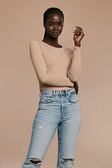 Long Sleeve Ribbed Crewneck Bodysuit | Sand
