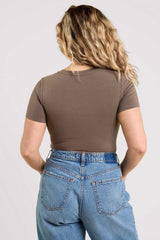Cotton Stretch Short Sleeve Crewneck Bodysuit | Mocha