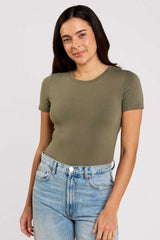 Cotton Stretch Short Sleeve Crewneck Bodysuit | Olive