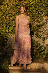 Lbruh Estefany Strapless Pleated Floral Maxi Dress