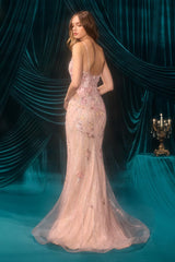 A1500 - Floral Beaded Fitted Gown - Andrea & Leo
