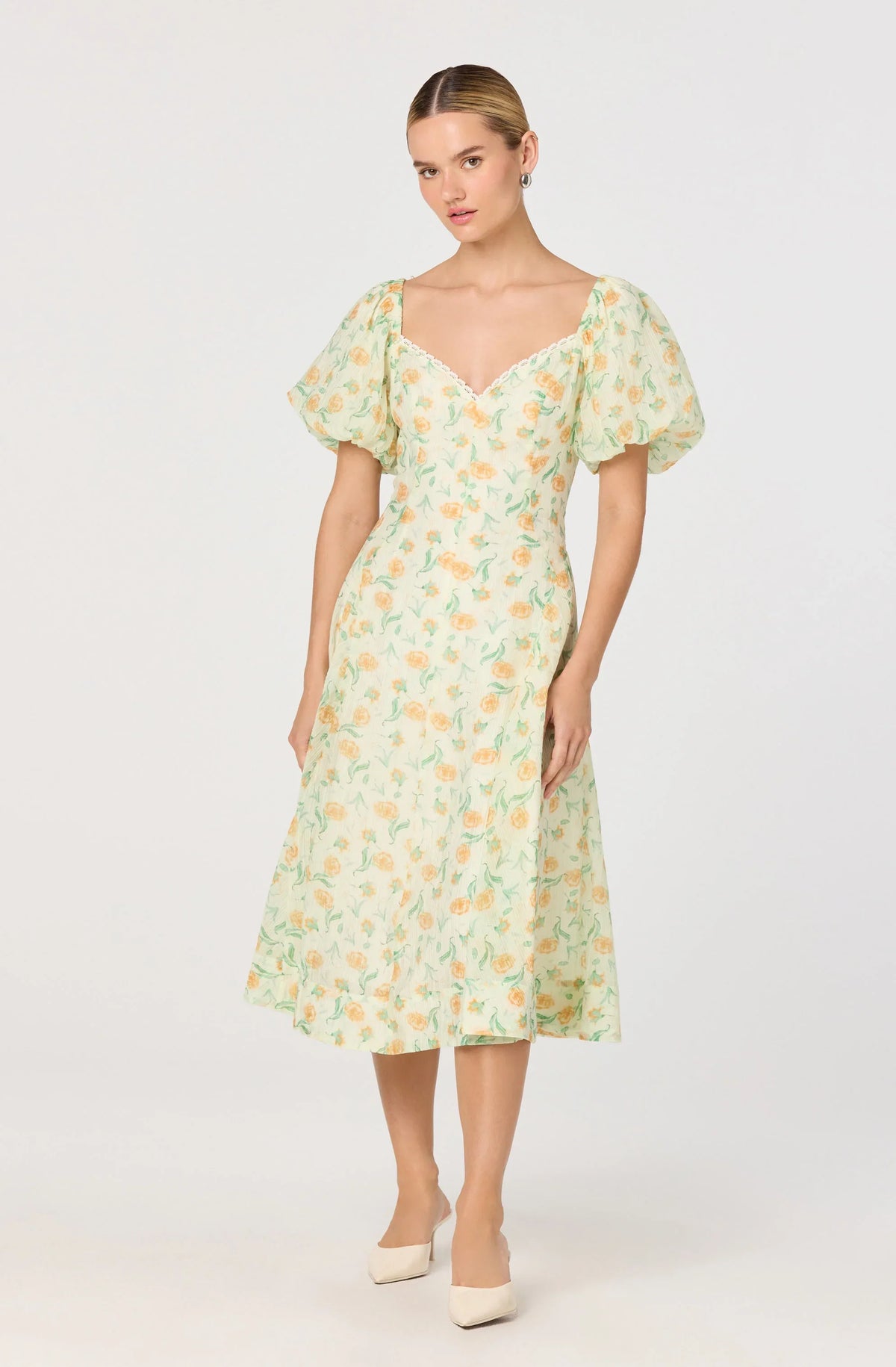 Inixyf Mayra Floral Plissé Puff Sleeve Midi Dress