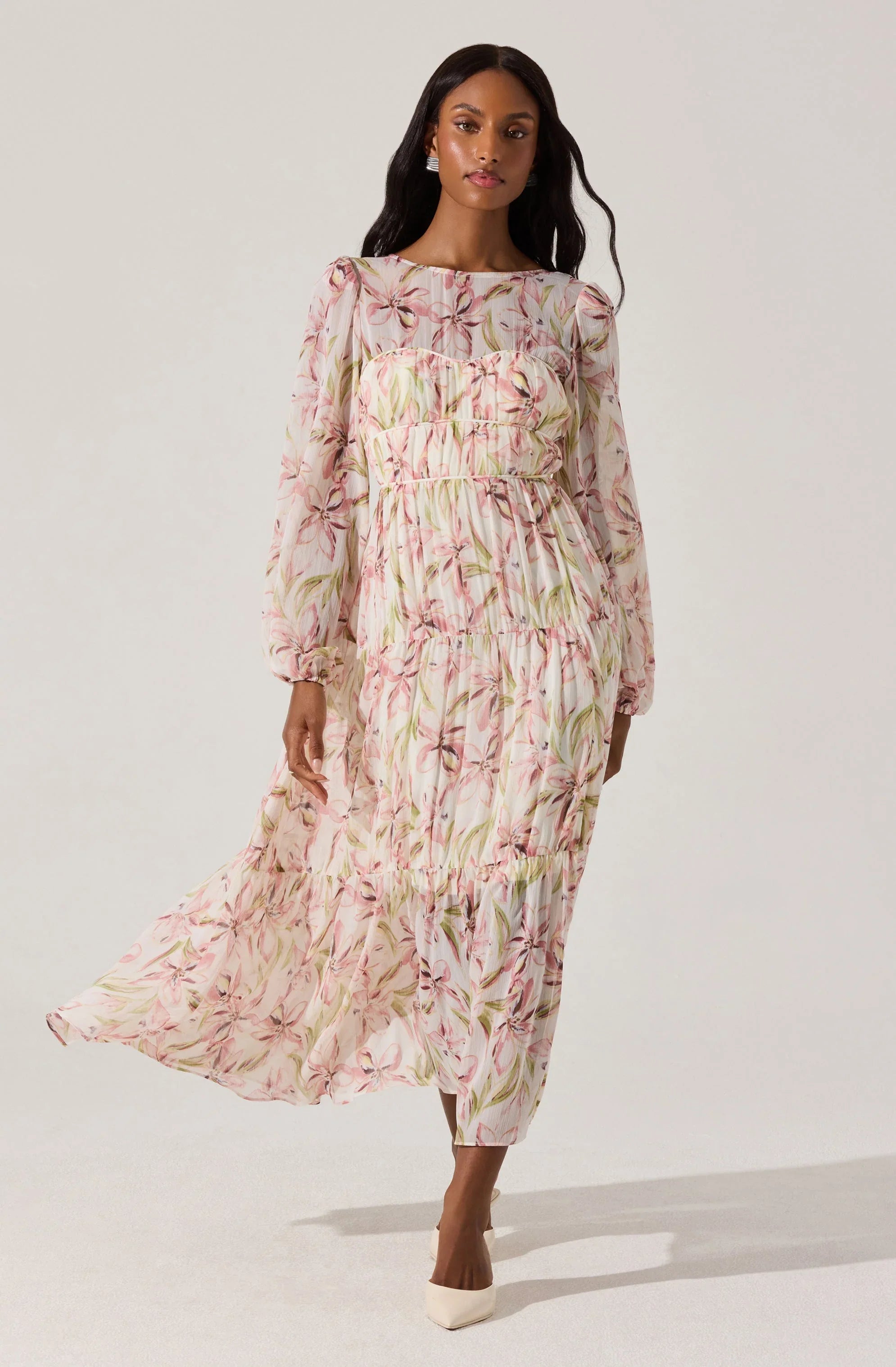 Lbruh Pleated Chiffon Floral Midi Dress