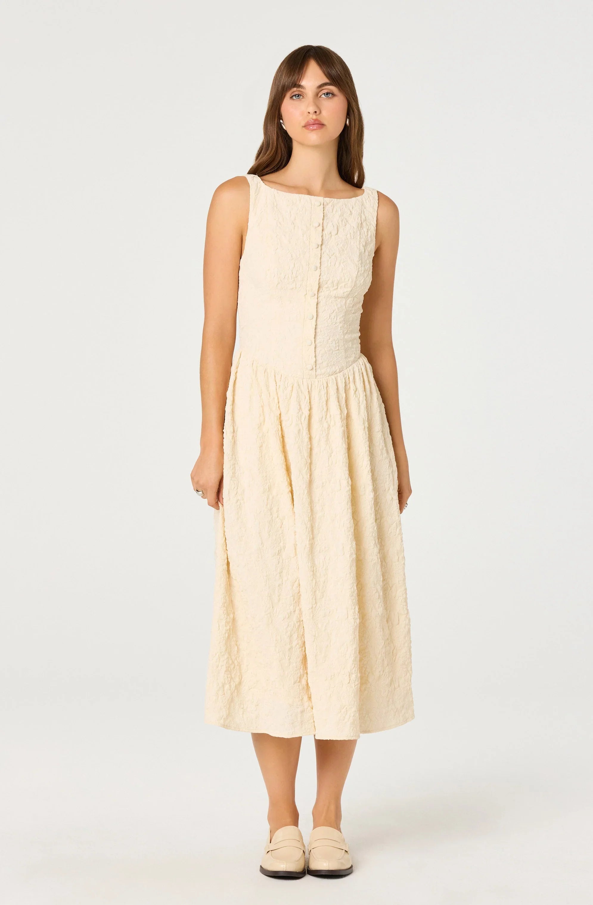 Lbruh Button Front Boat Neck Midi Dress