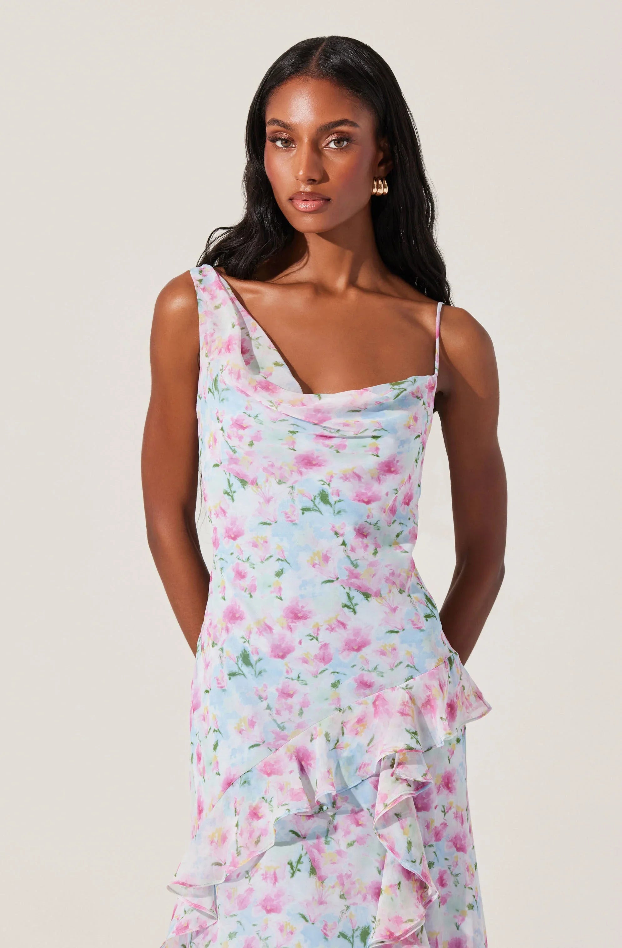 Lbruh Levina Asymmetric Floral Ruffle Maxi Dress