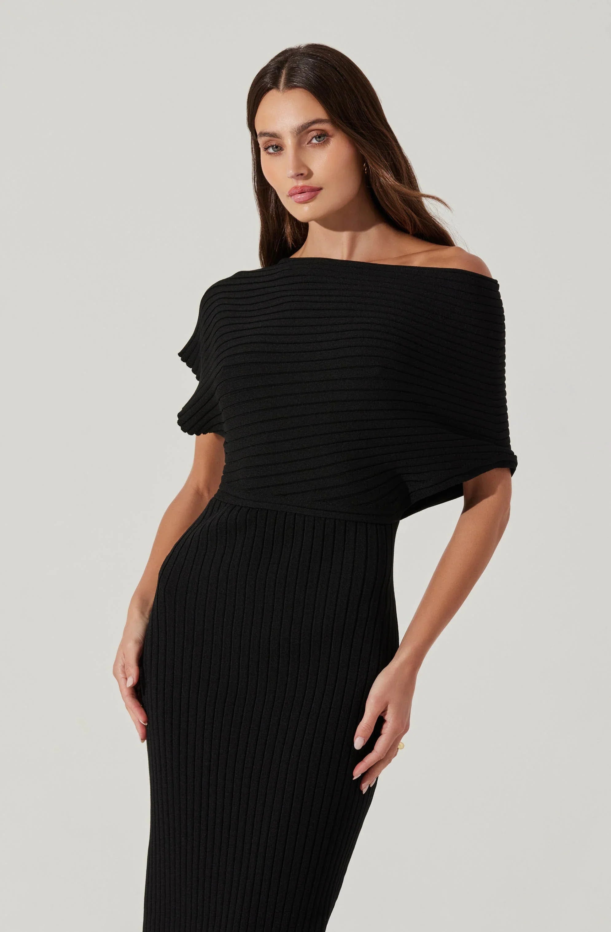 Lbruh Off Shoulder Ribbed Midi Sweater Dress