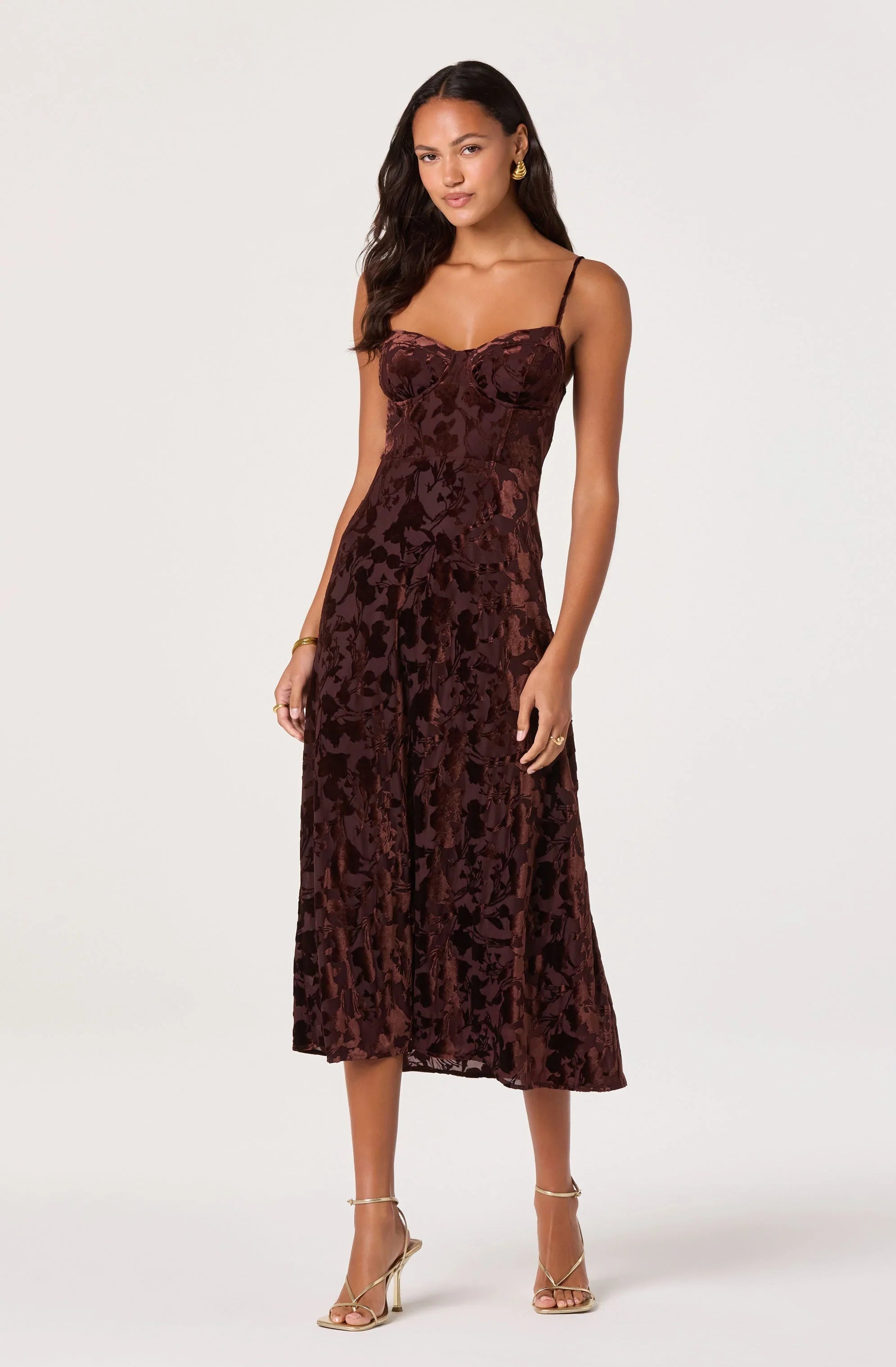 Lbruh Velvet Floral Burnout Bustier Midi Dress