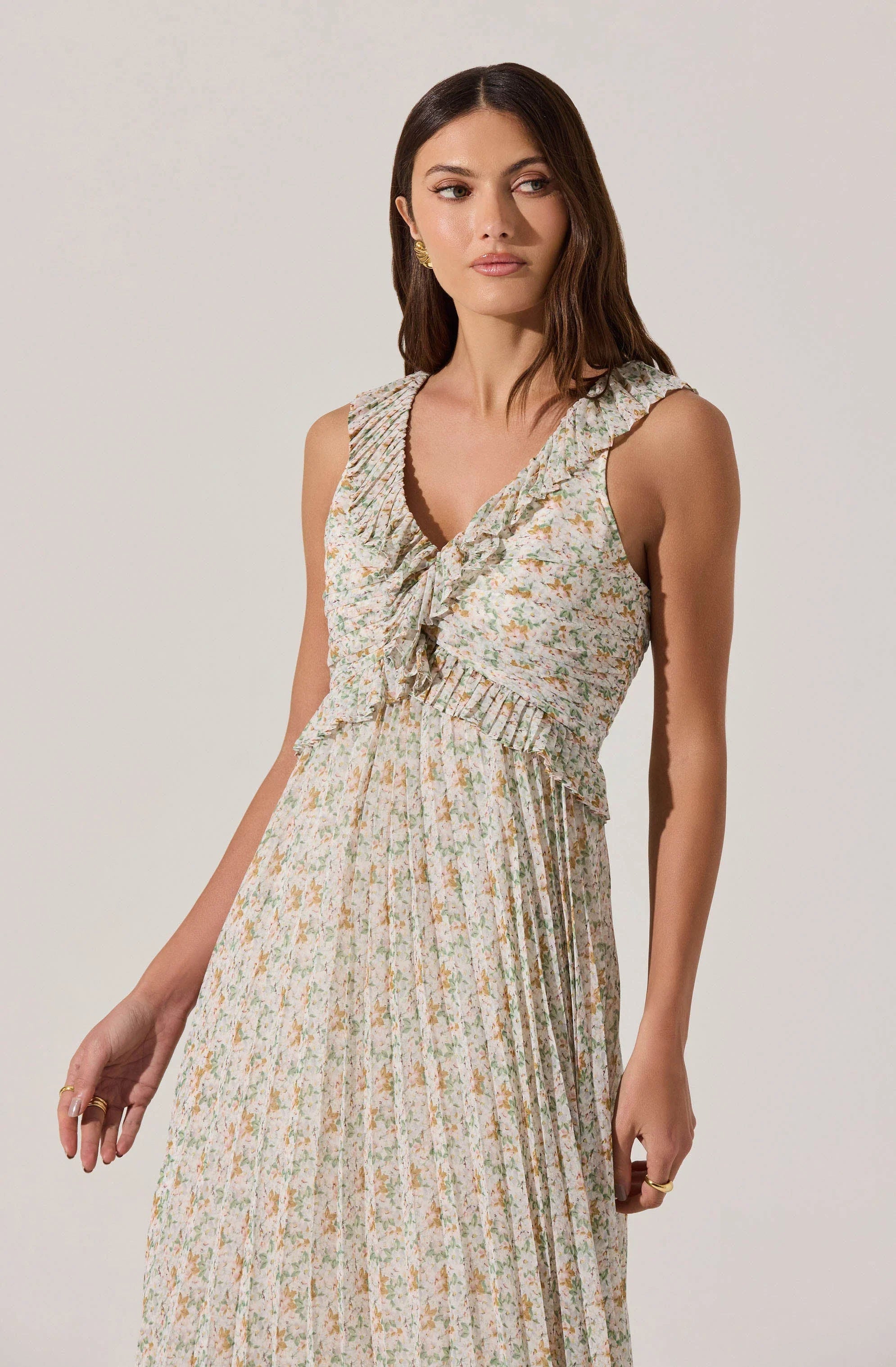 Lbruh Floral Ruffle Pleated Midi Dress