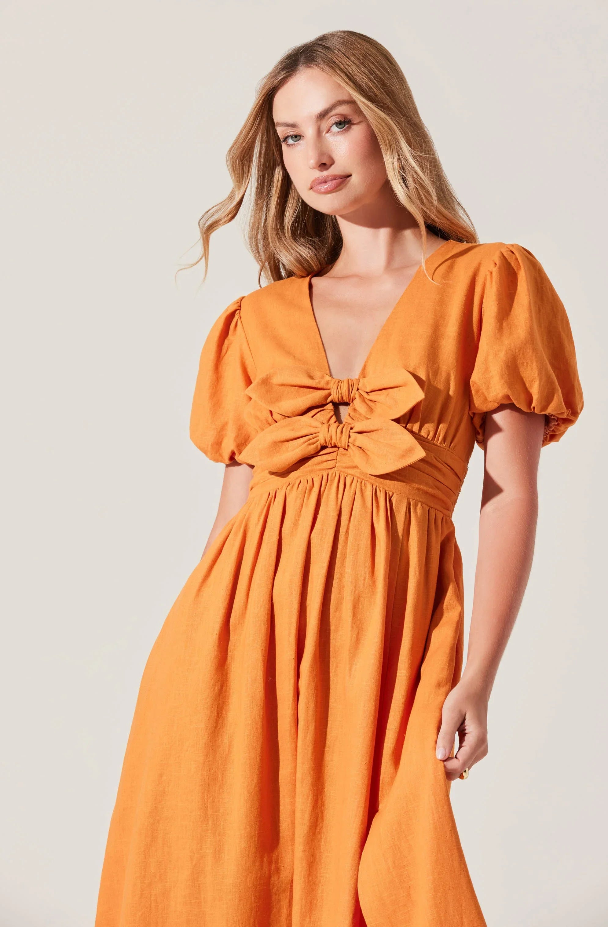 Lbruh Citrine Linen Bow Front Midi Dress