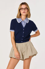 Inixyf Marlee Mixed Media Cardigan with Gingham Collar