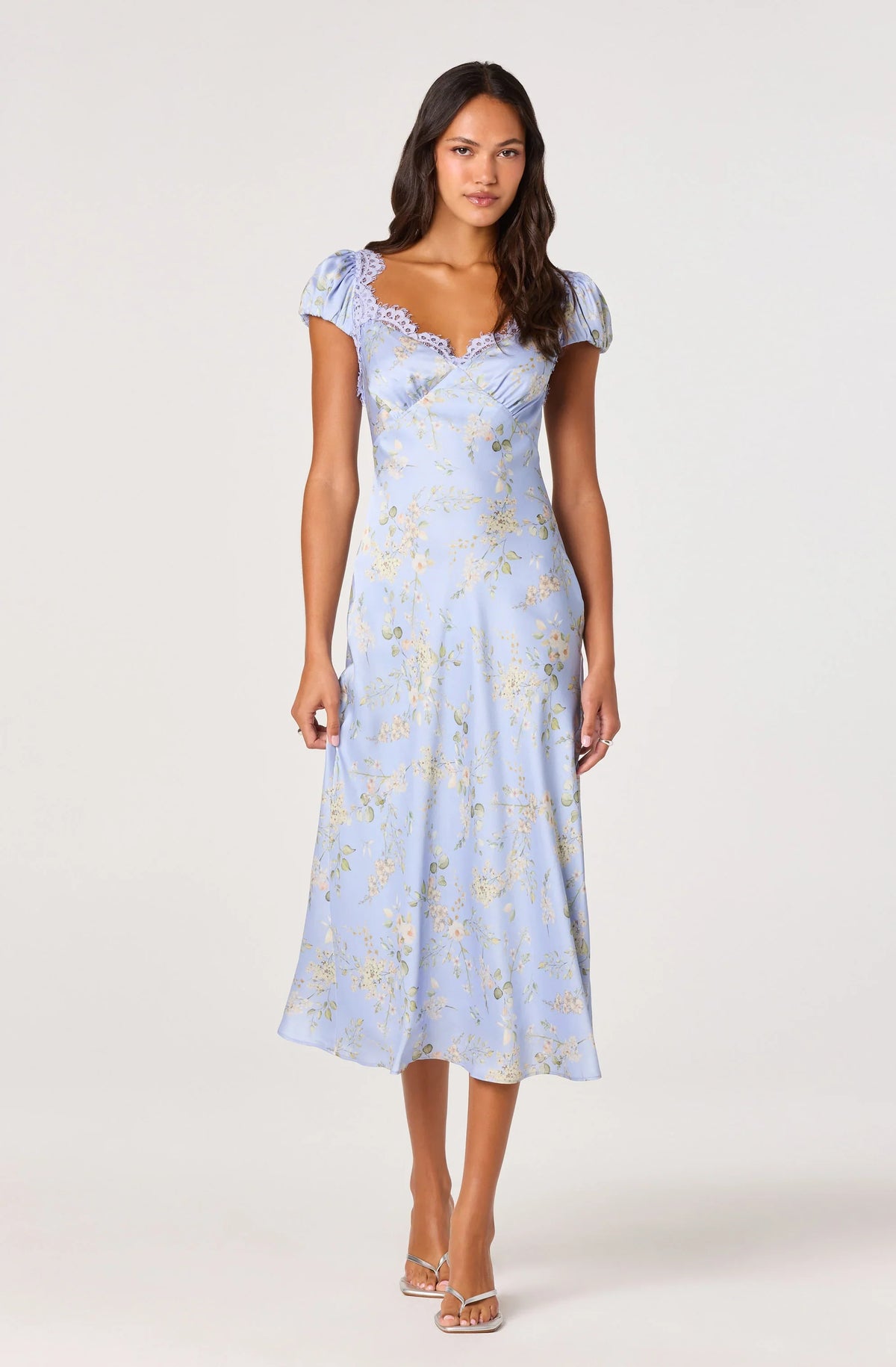 Inixyf Makaela Puff Sleeve Floral Satin Midi Dress