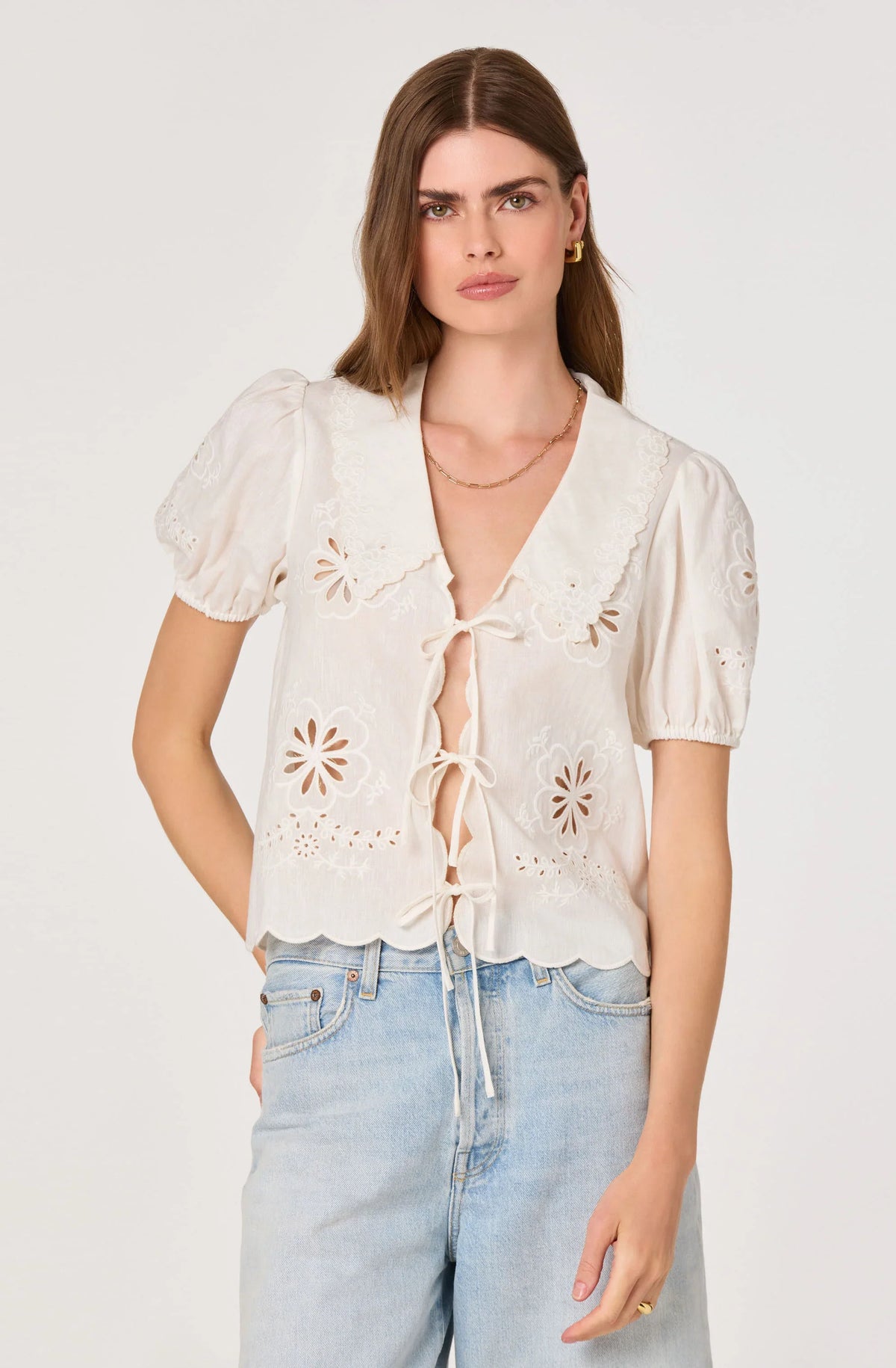 Inixyf Eider Embroidered Cutwork Tie-Front Top