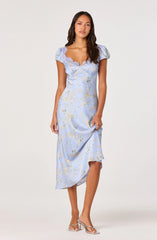 Inixyf Makaela Puff Sleeve Floral Satin Midi Dress