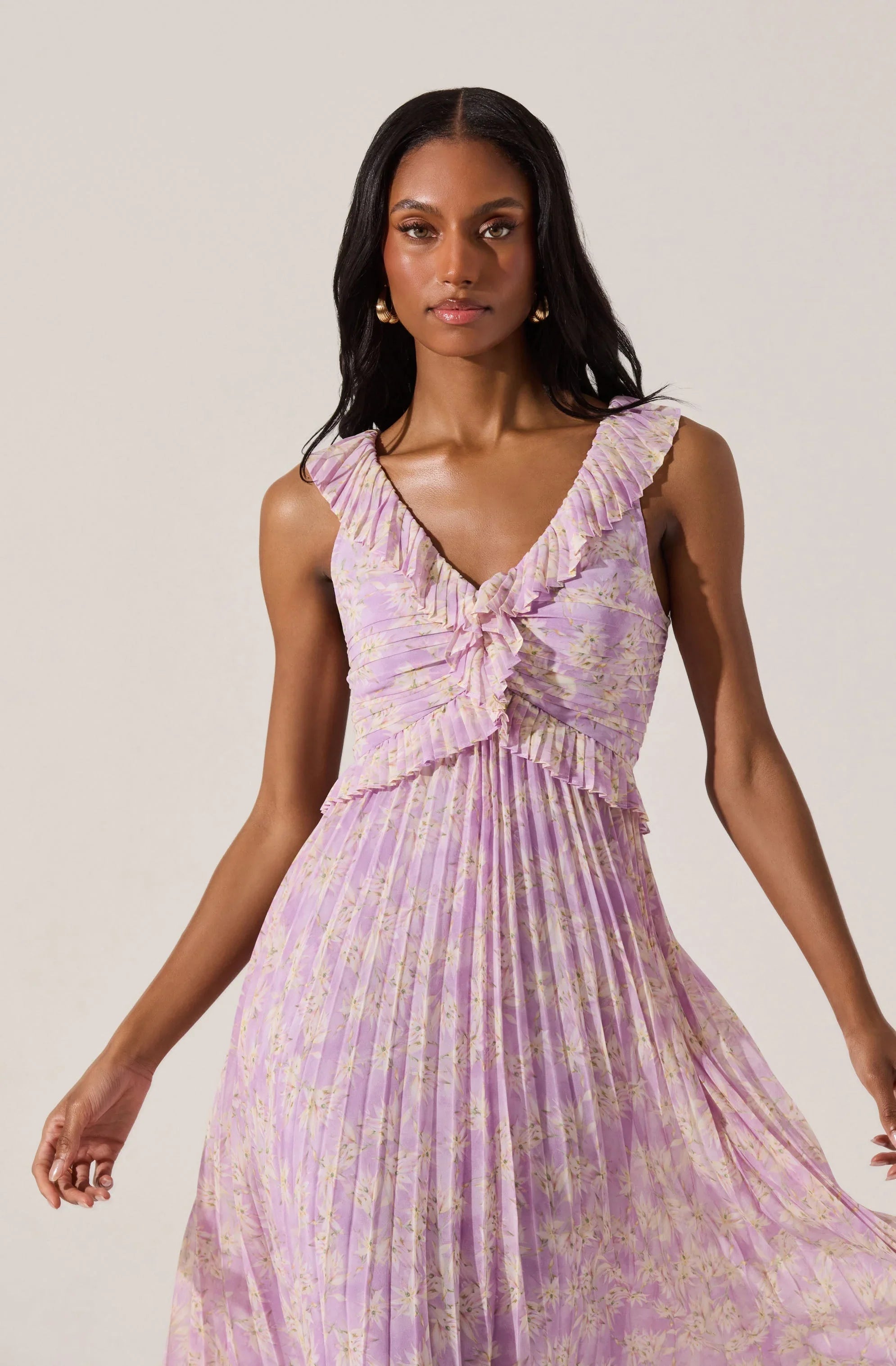 Lbruh Floral Ruffle Pleated Midi Dress