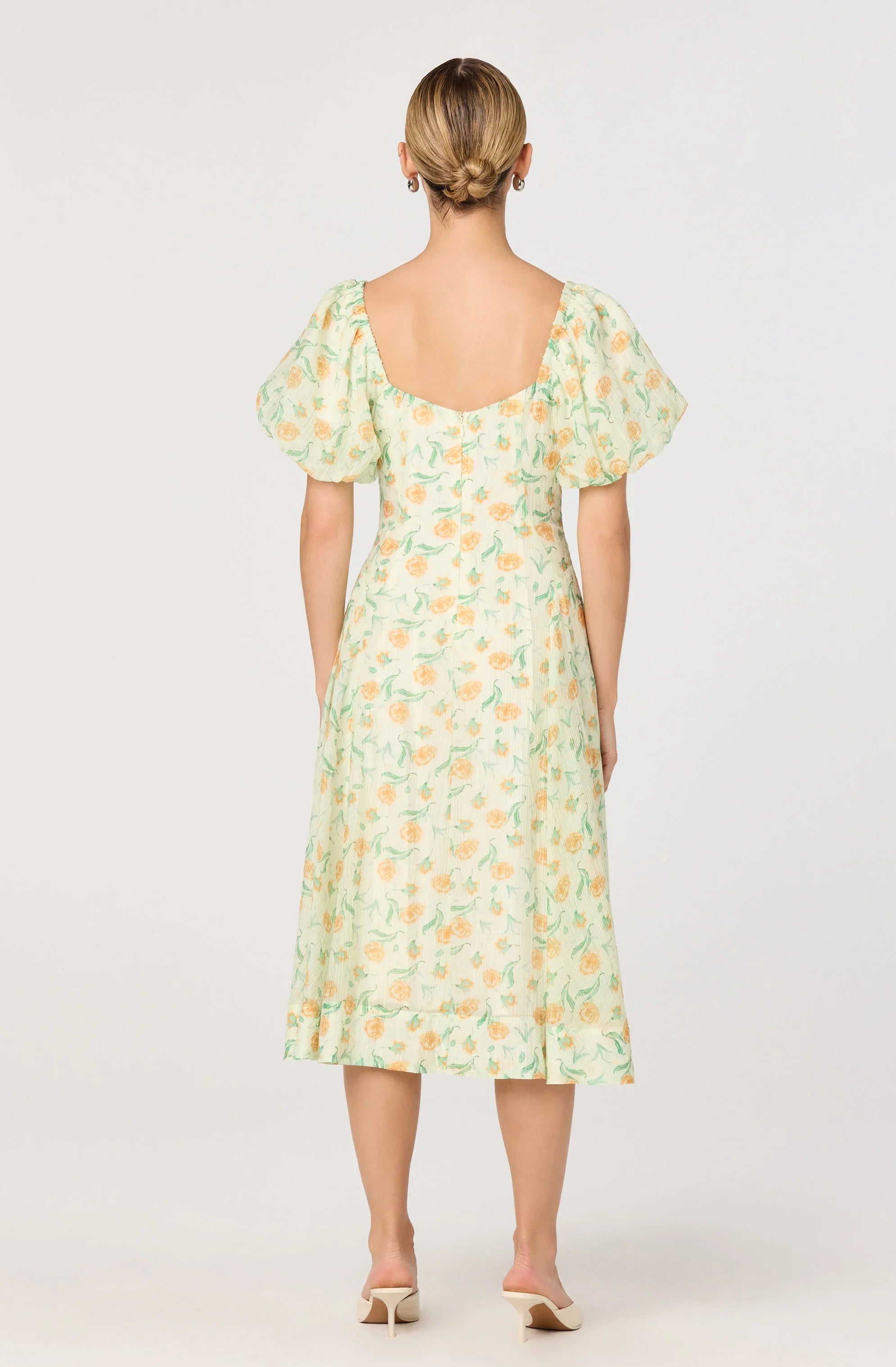 Inixyf Mayra Floral Plissé Puff Sleeve Midi Dress