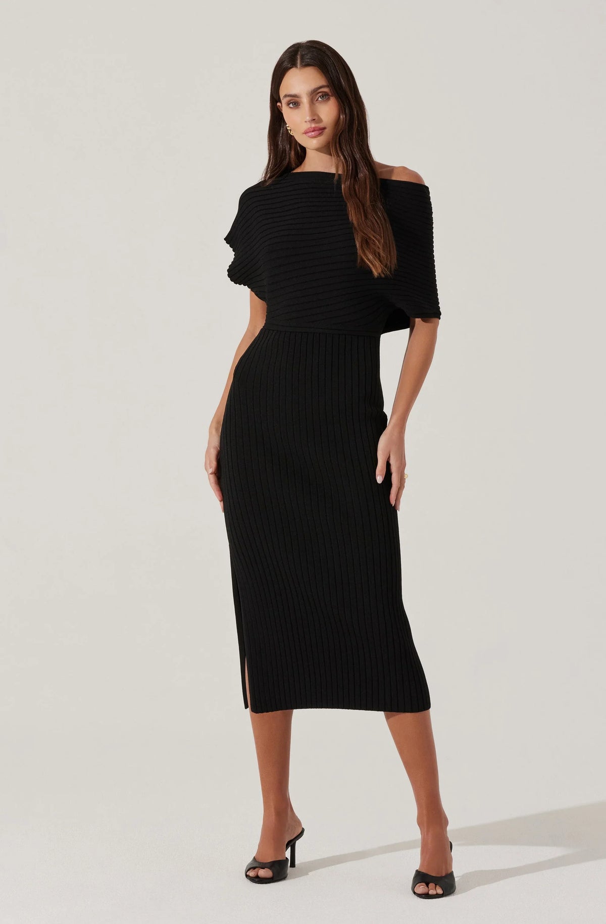 Lbruh Off Shoulder Ribbed Midi Sweater Dress