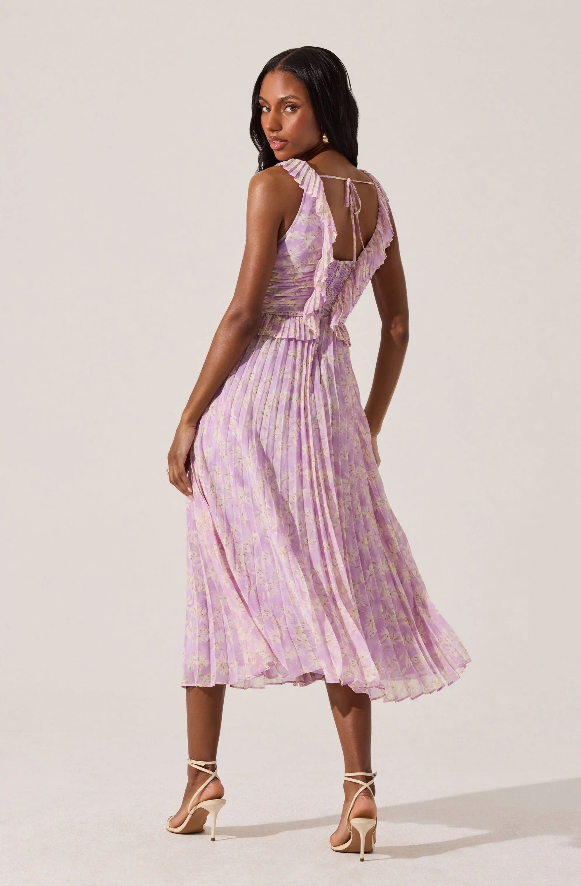Lbruh Floral Ruffle Pleated Midi Dress