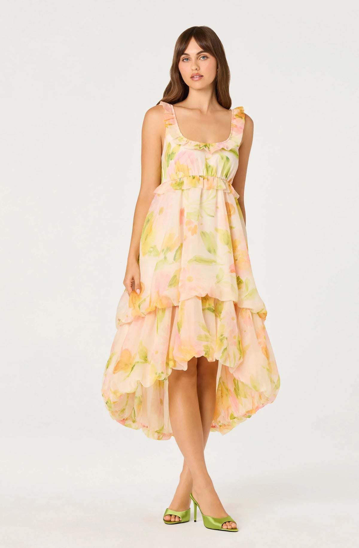 Inixyf Serenidy Floral Ruffle Tiered High-Low Midi Dress