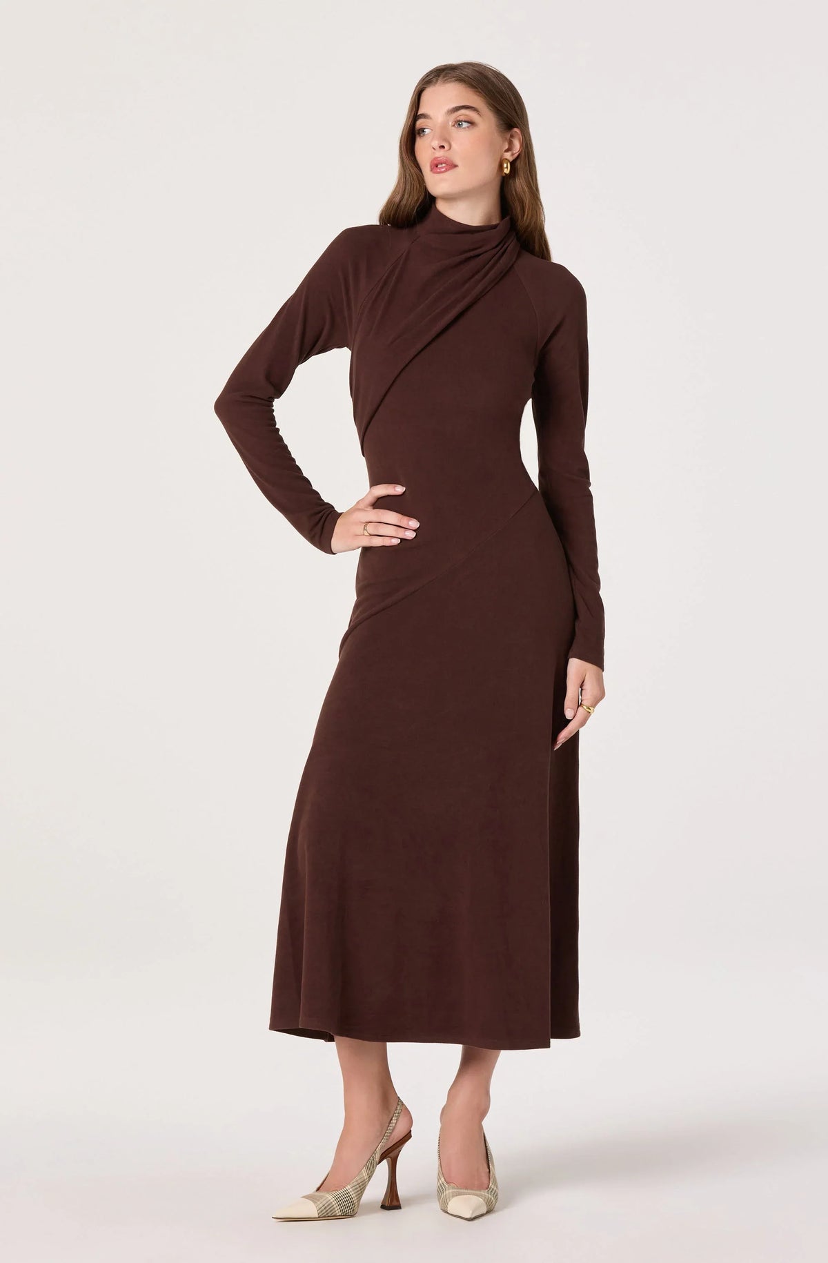 Lbruh Asymmetric Draped Mock Neck Midi Dress
