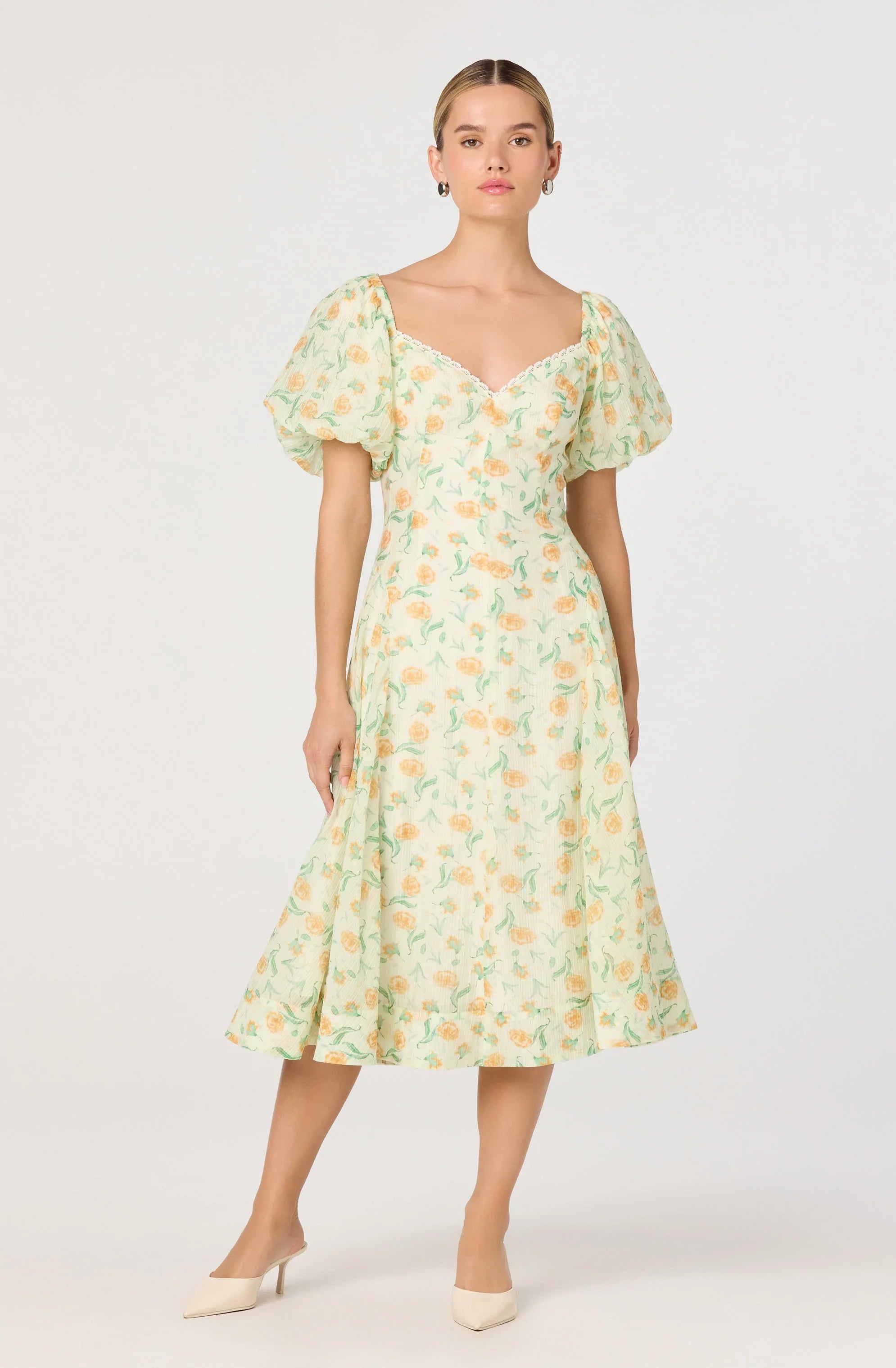 Inixyf Mayra Floral Plissé Puff Sleeve Midi Dress