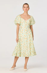 Inixyf Mayra Floral Plissé Puff Sleeve Midi Dress
