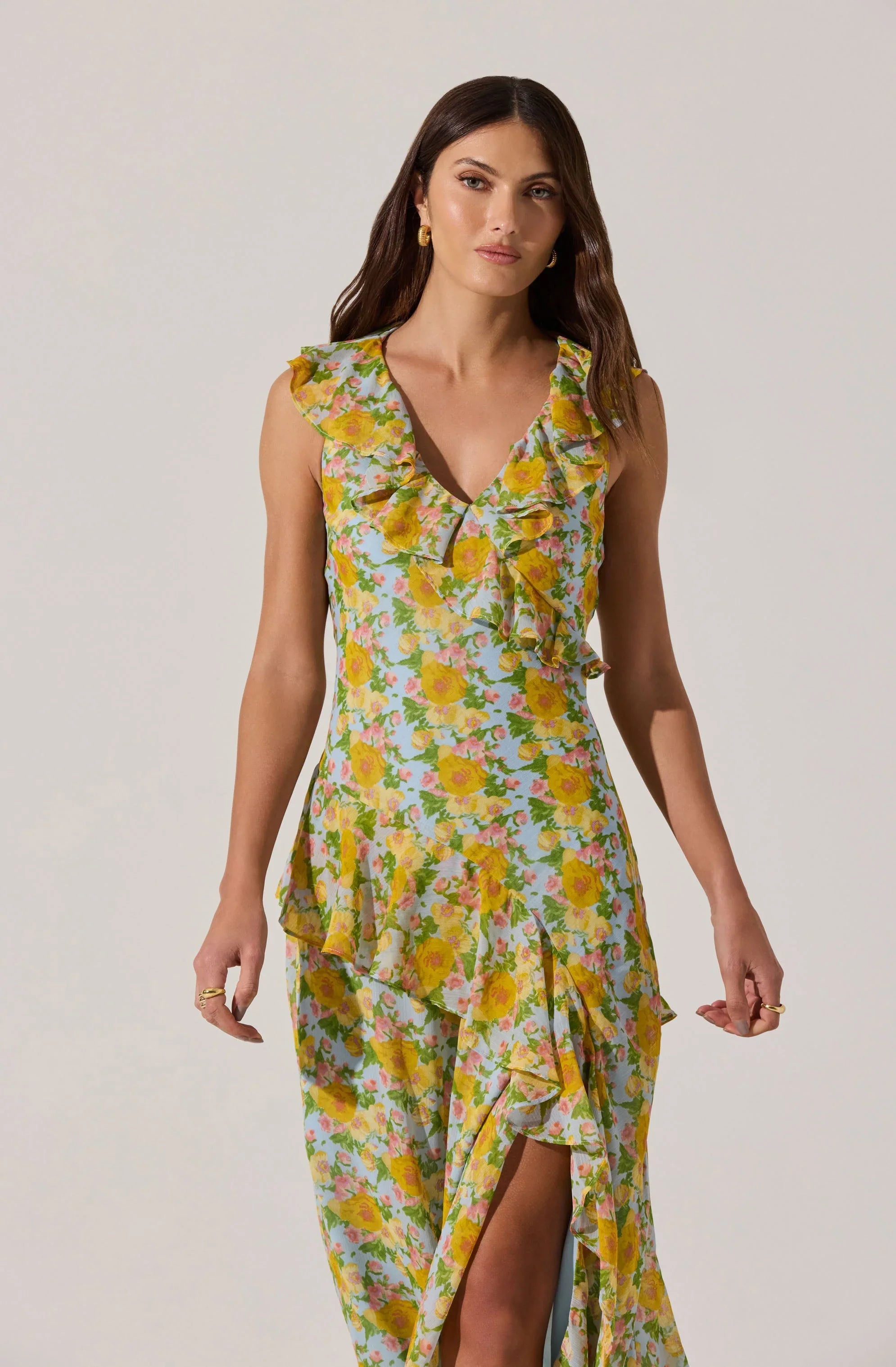Lbruh V-neck Floral Ruffle Midi Dress