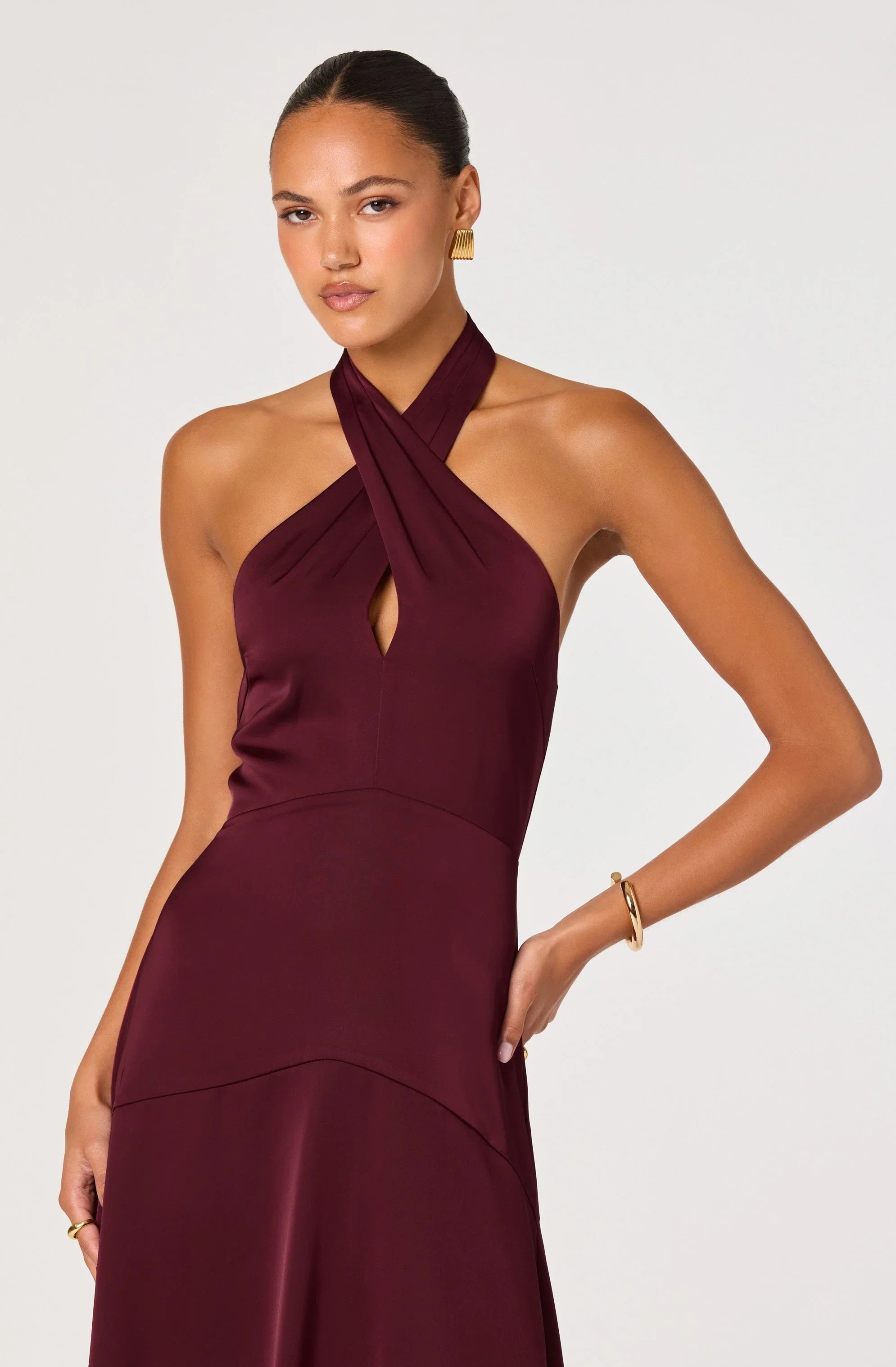 Lbruh Satin Crossover Halter Midi Dress