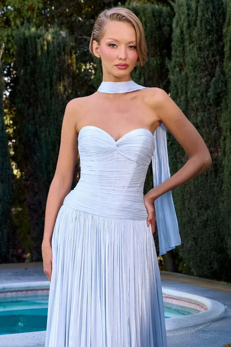 Linnea Gown - Strapless Shimmer Chiffon Dress with Scarf