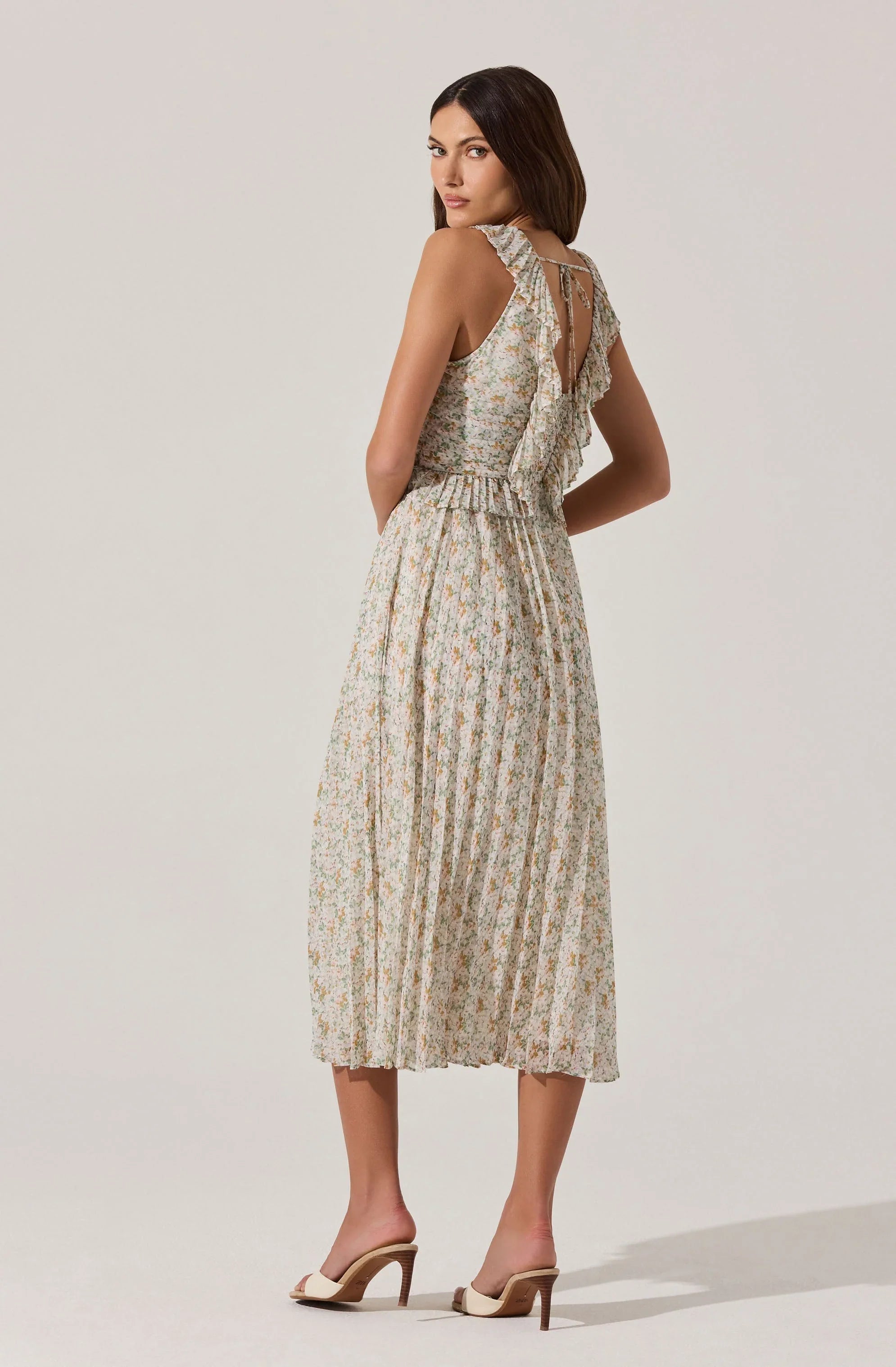 Lbruh Floral Ruffle Pleated Midi Dress