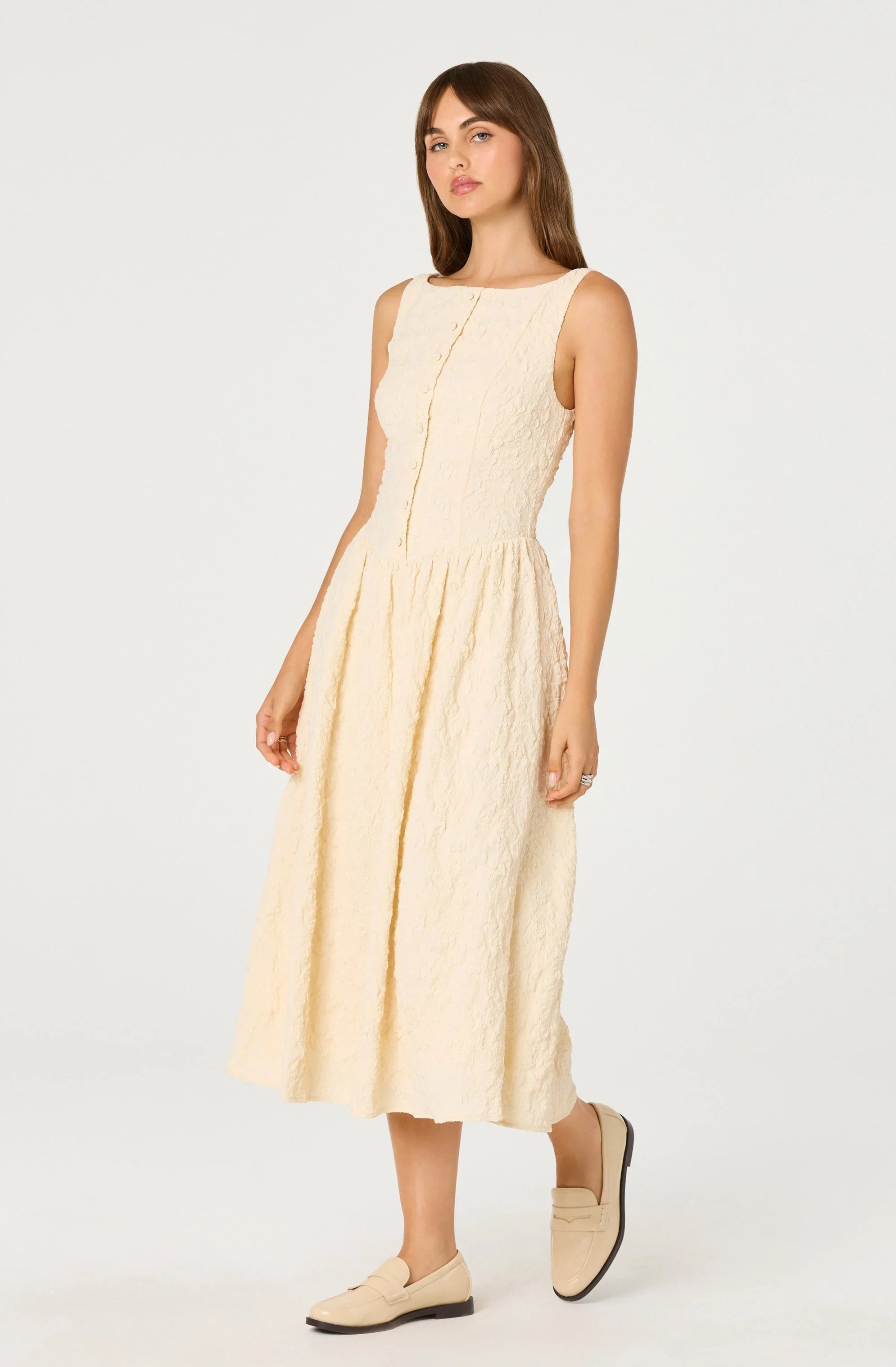 Lbruh Button Front Boat Neck Midi Dress