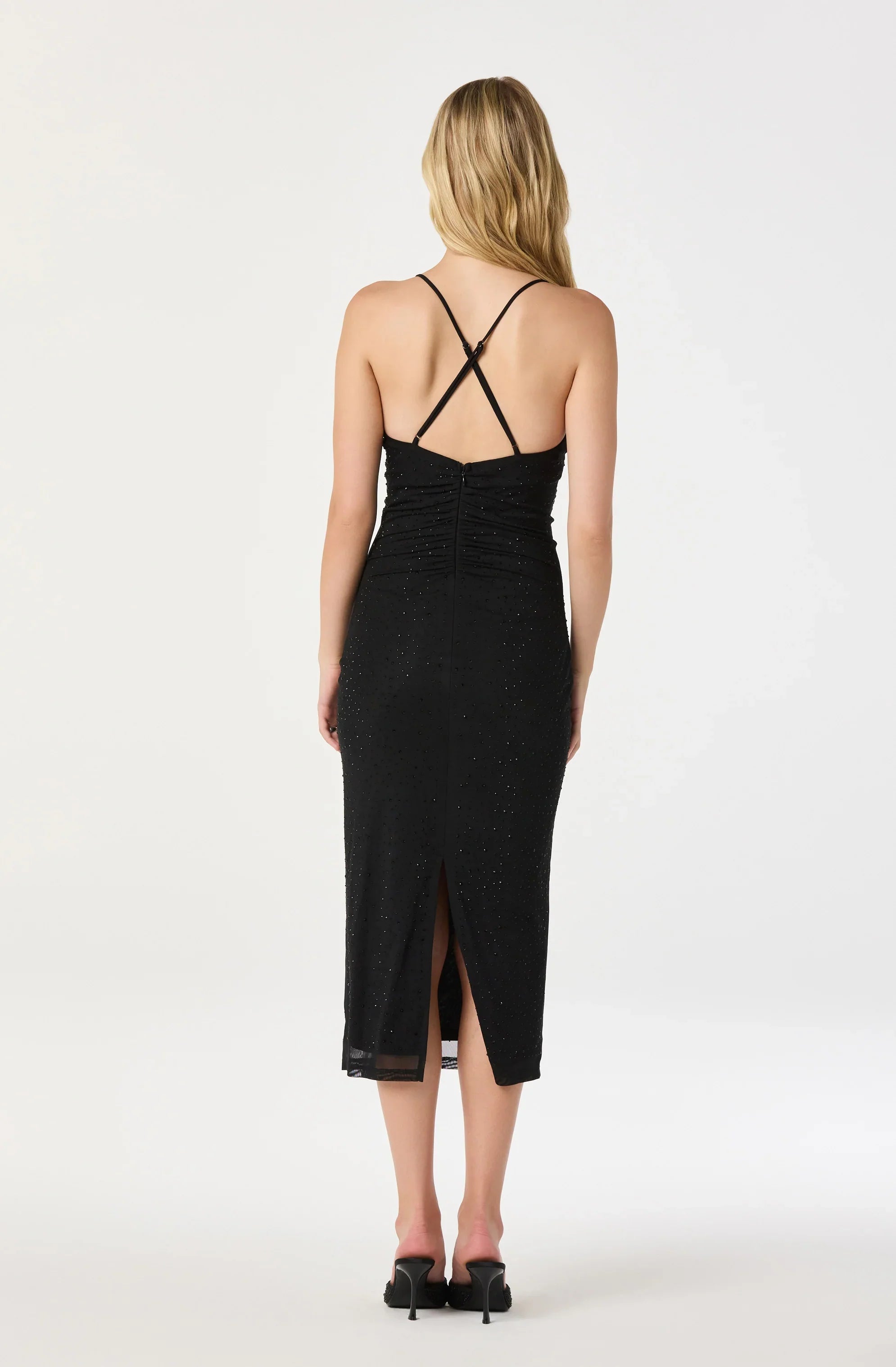 Lbruh Embellished Rhinestone Ruched Midi Dress