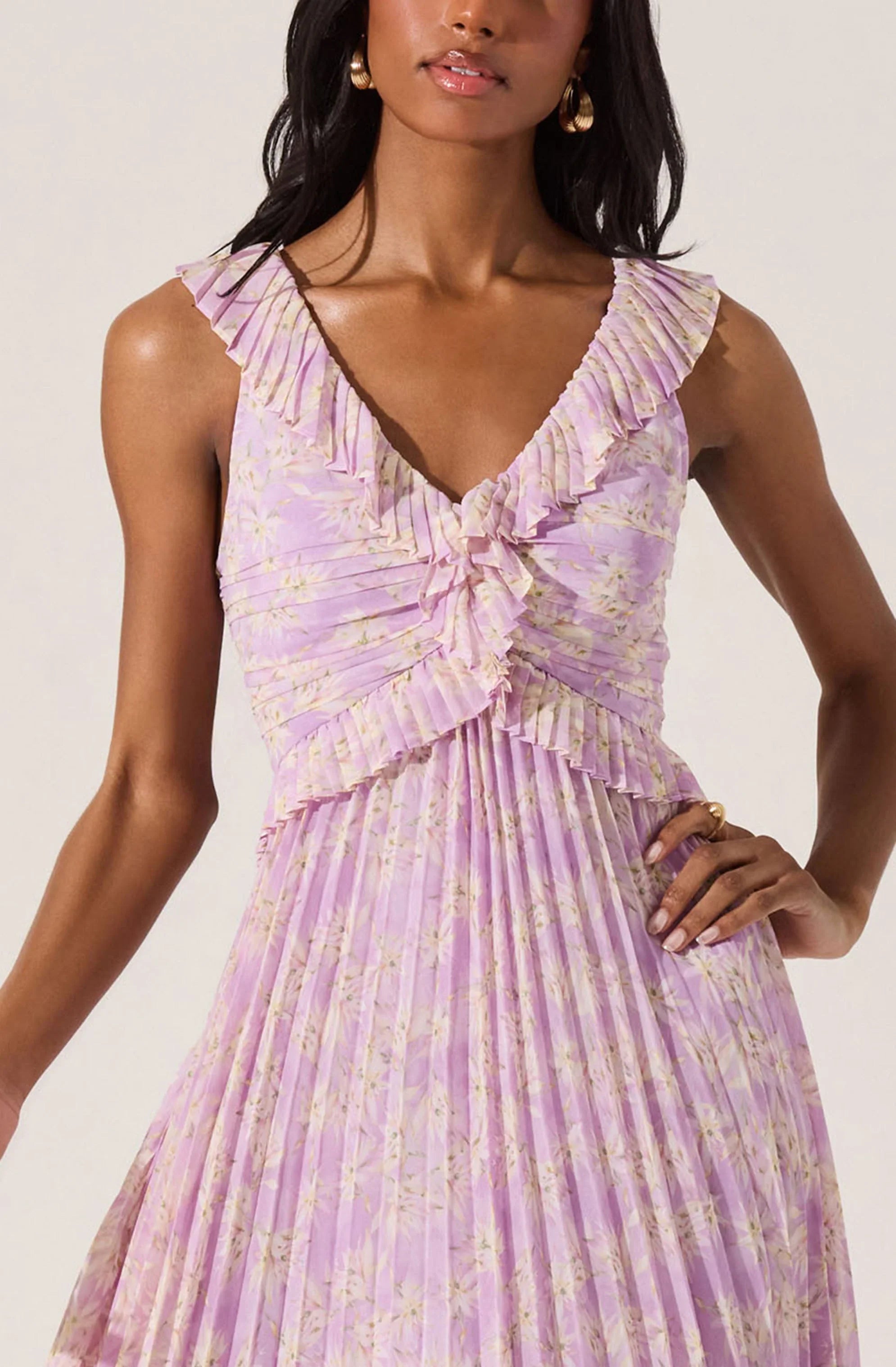 Lbruh Floral Ruffle Pleated Midi Dress