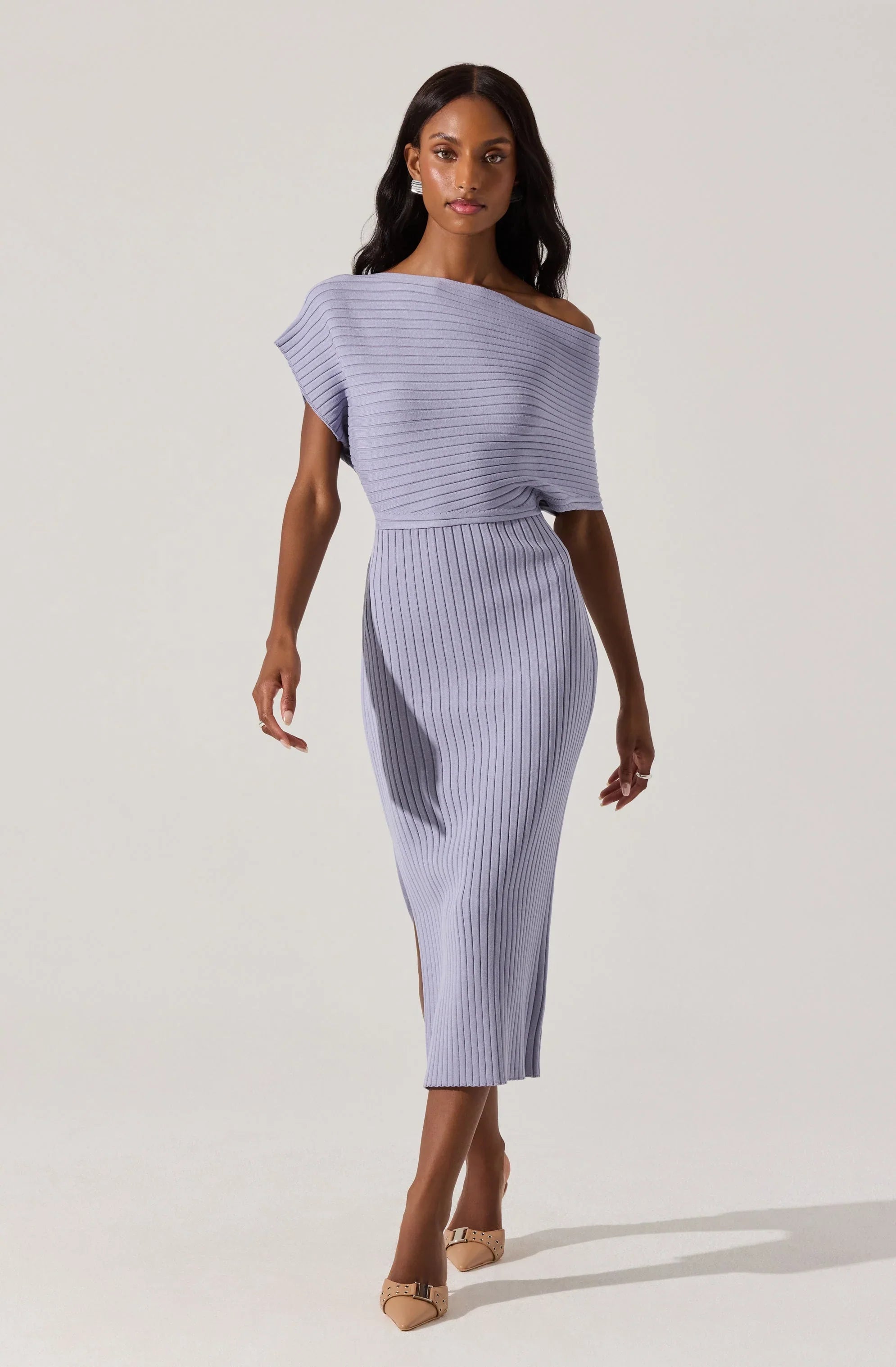 Lbruh Off Shoulder Ribbed Midi Sweater Dress