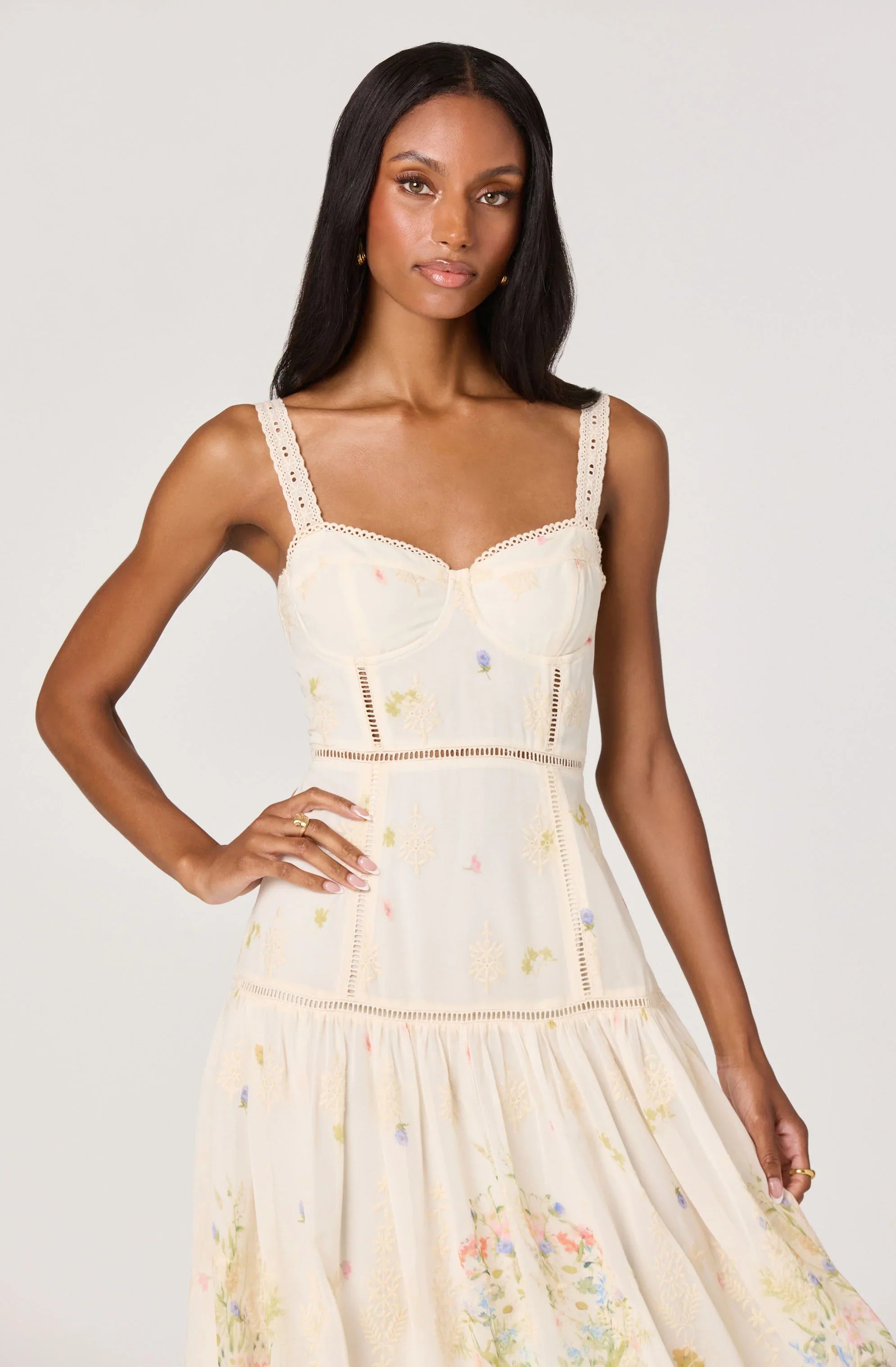 Inixyf Pellagia Embroidered Eyelet Tiered Midi Dress
