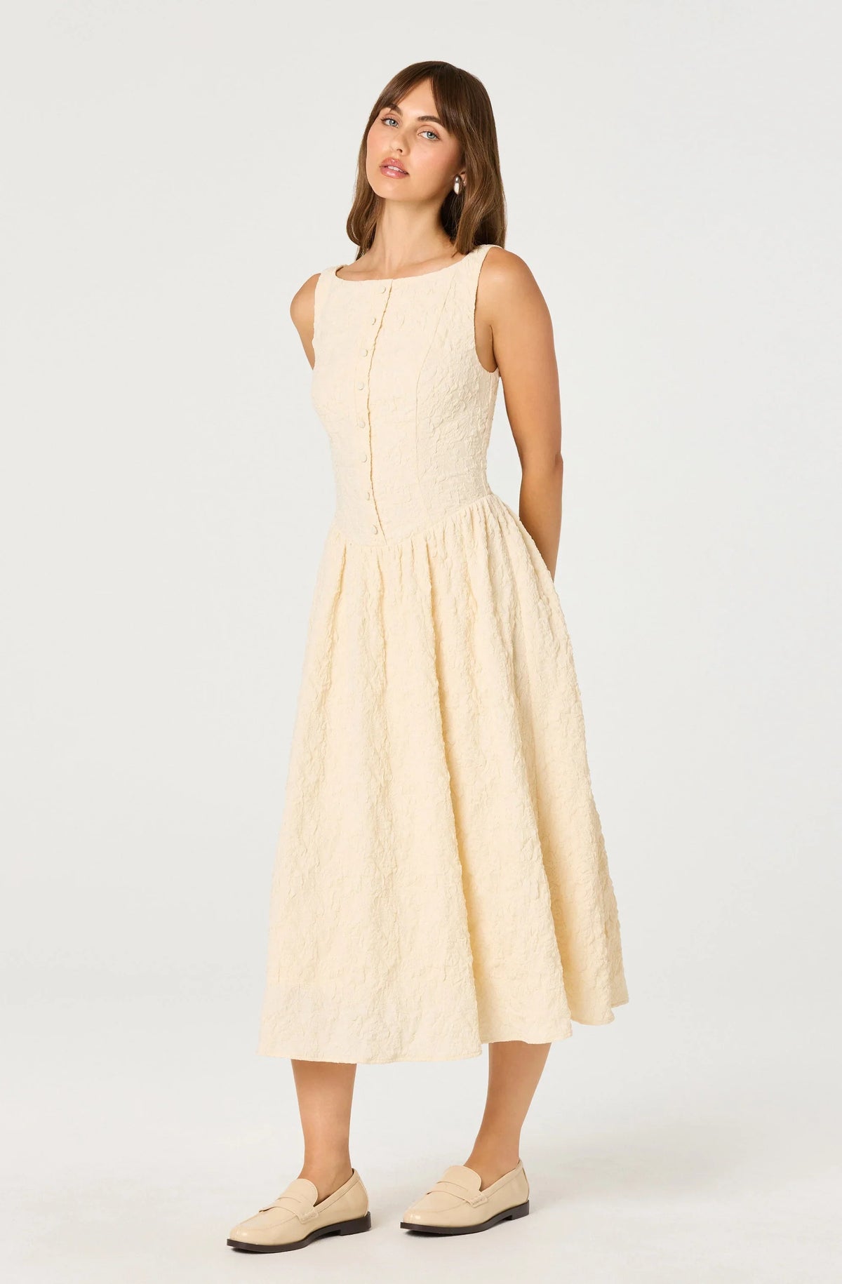 Lbruh Button Front Boat Neck Midi Dress