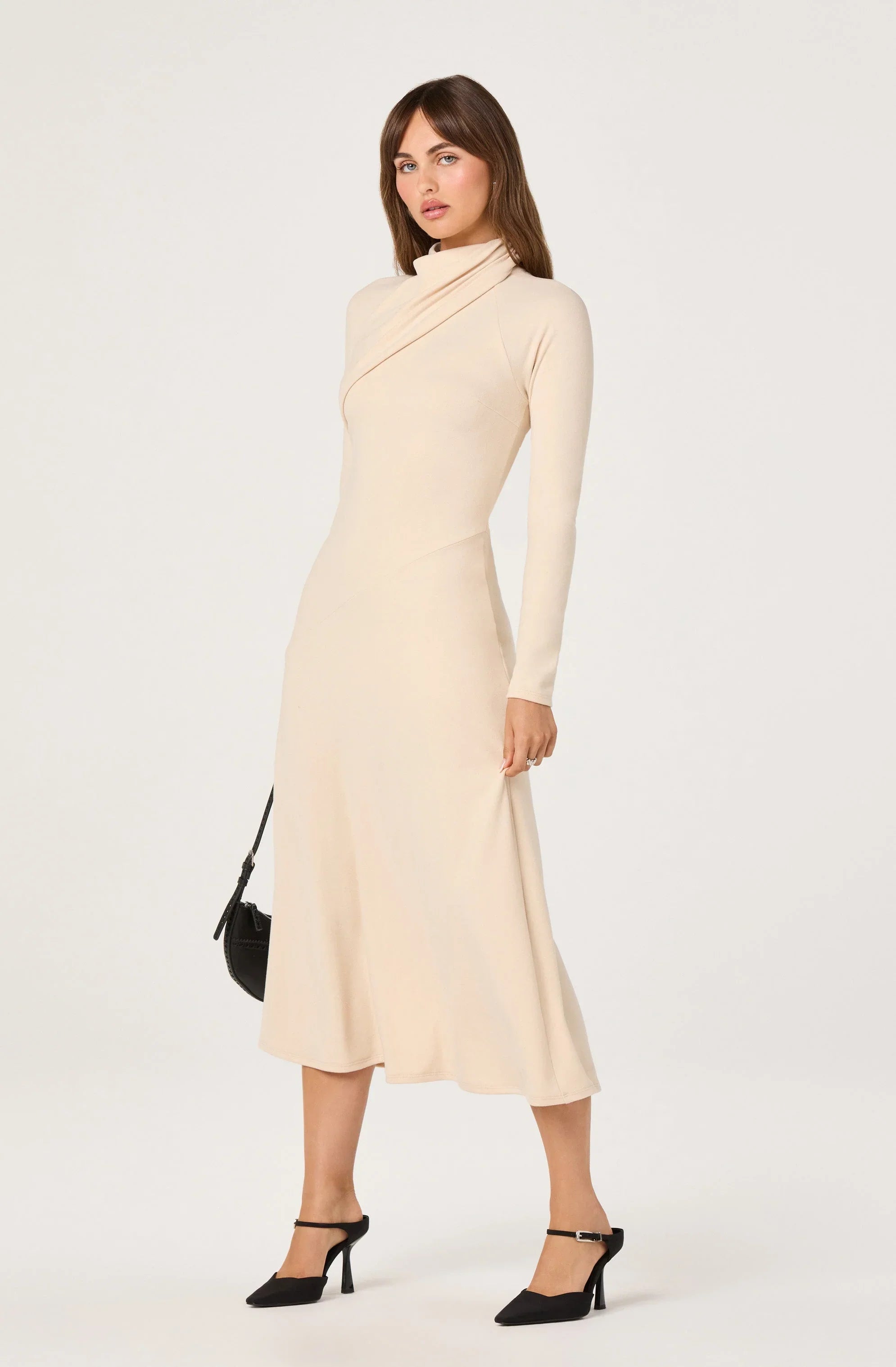 Lbruh Asymmetric Draped Mock Neck Midi Dress