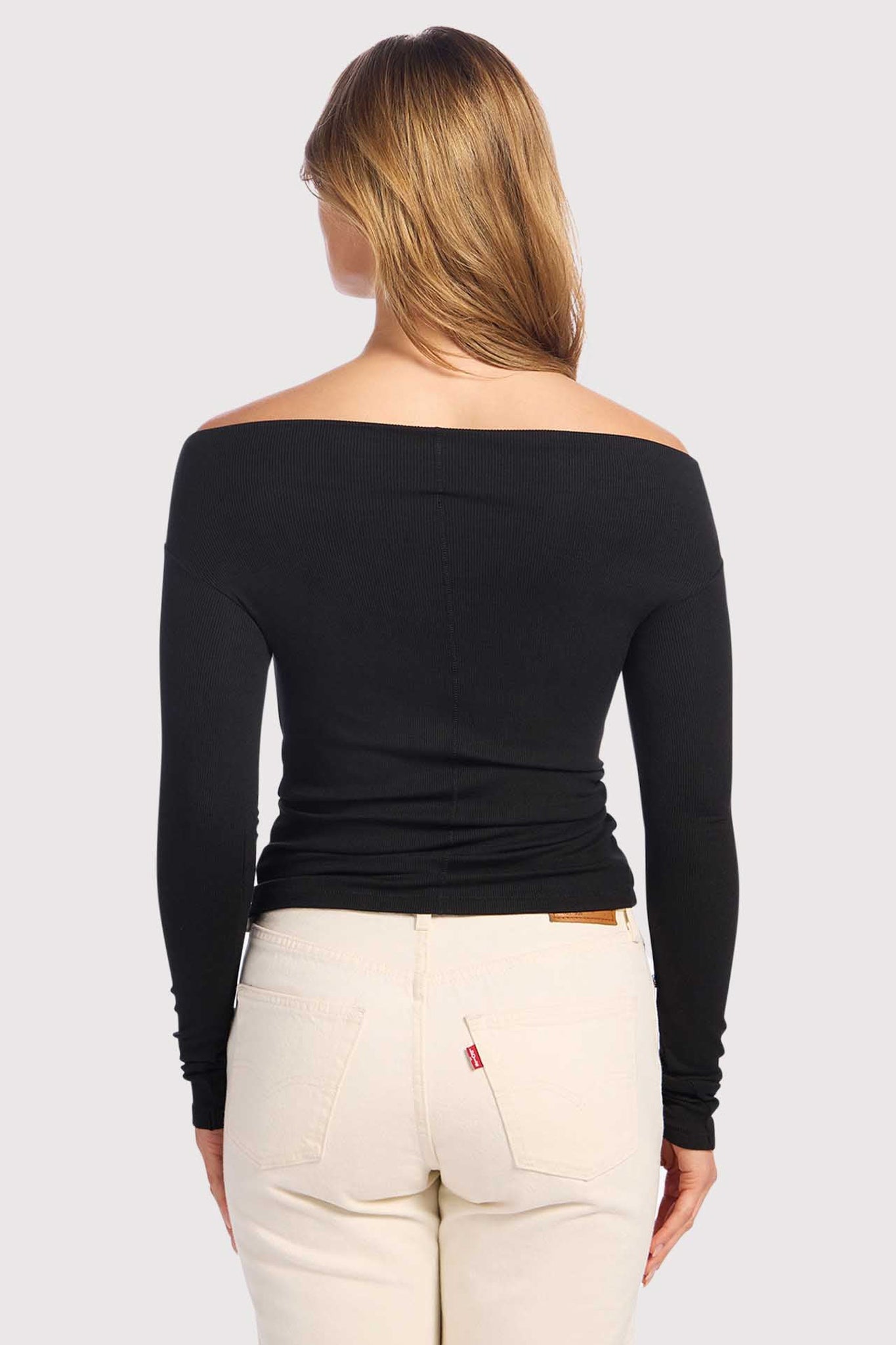 Slinky Rib Off-The-Shoulder Shirt | Black
