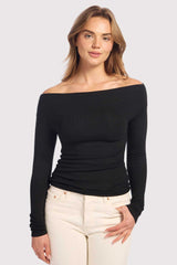 Slinky Rib Off-The-Shoulder Shirt | Black