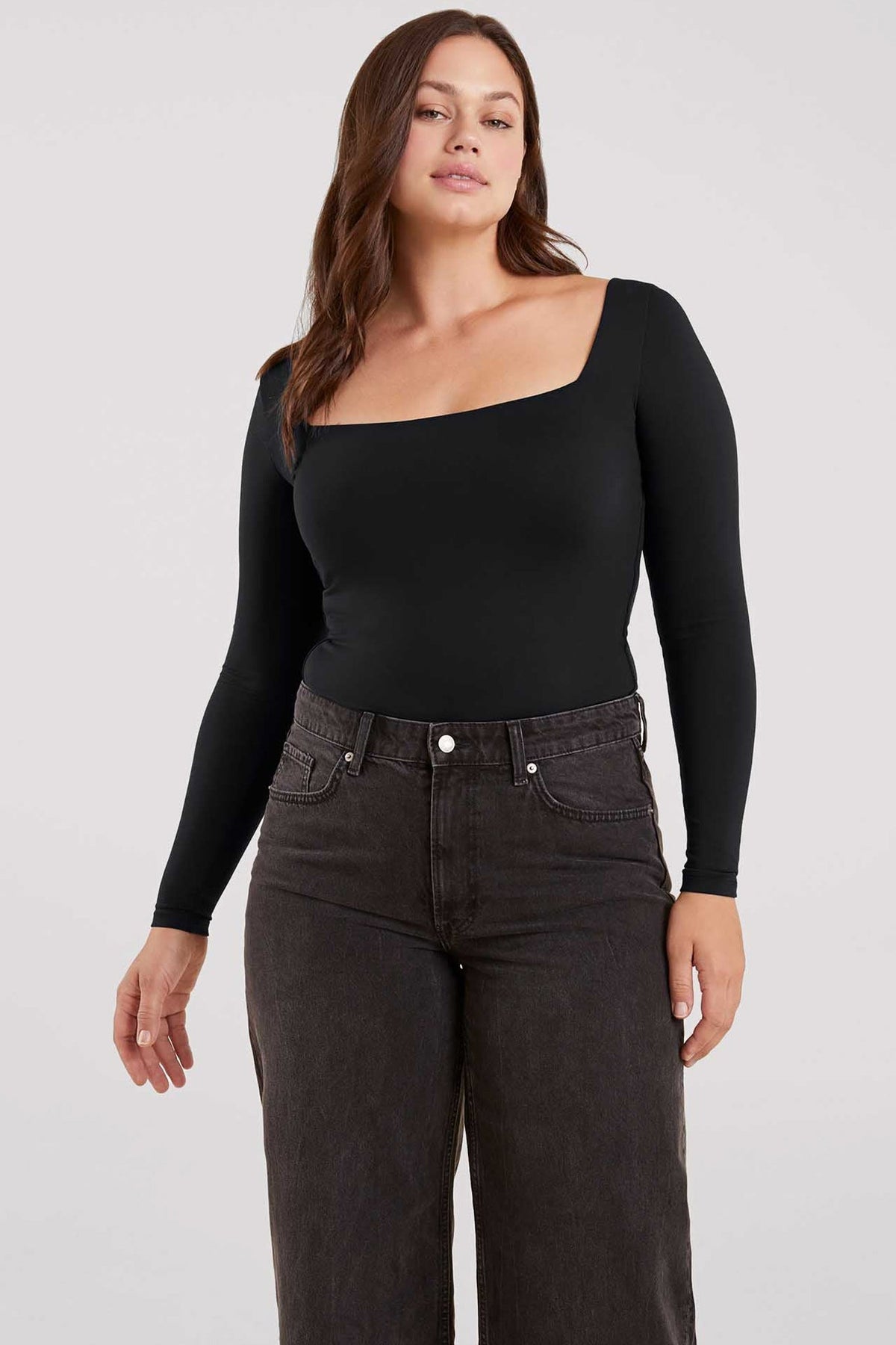 Long Sleeve Wide Square Neck Bodysuit | Black