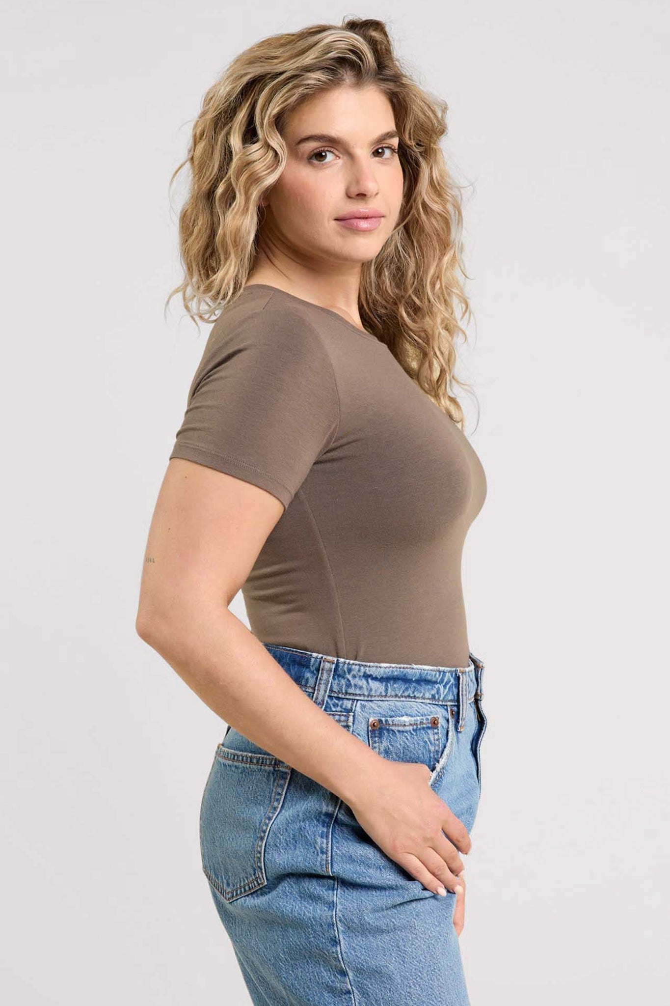 Cotton Stretch Short Sleeve Crewneck Bodysuit | Mocha