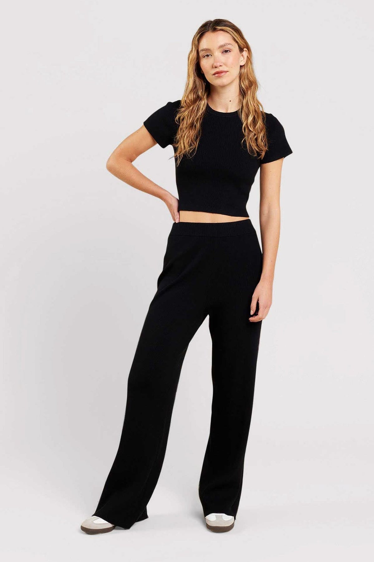 Ribbed Sweater Wide Leg Pant | Black