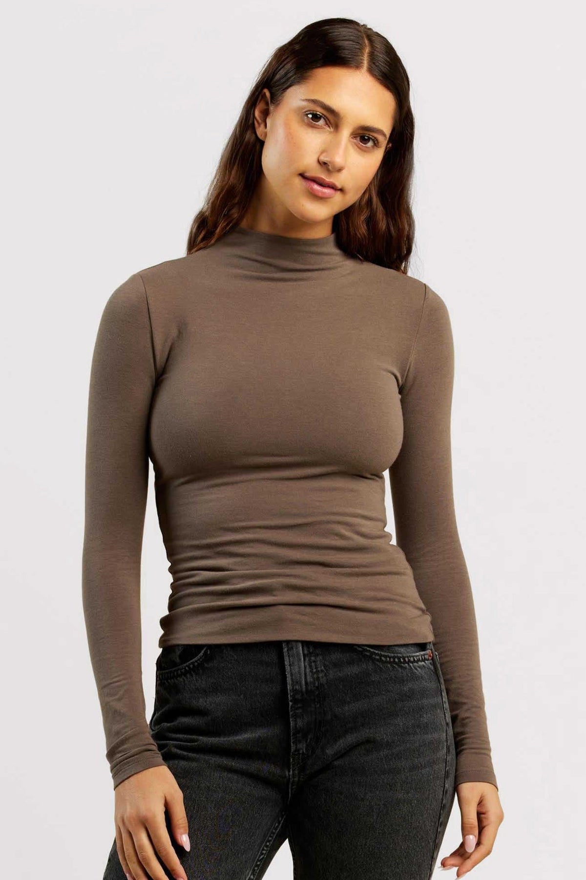 Cotton Stretch Long Sleeve Mock Neck Shirt | Mocha