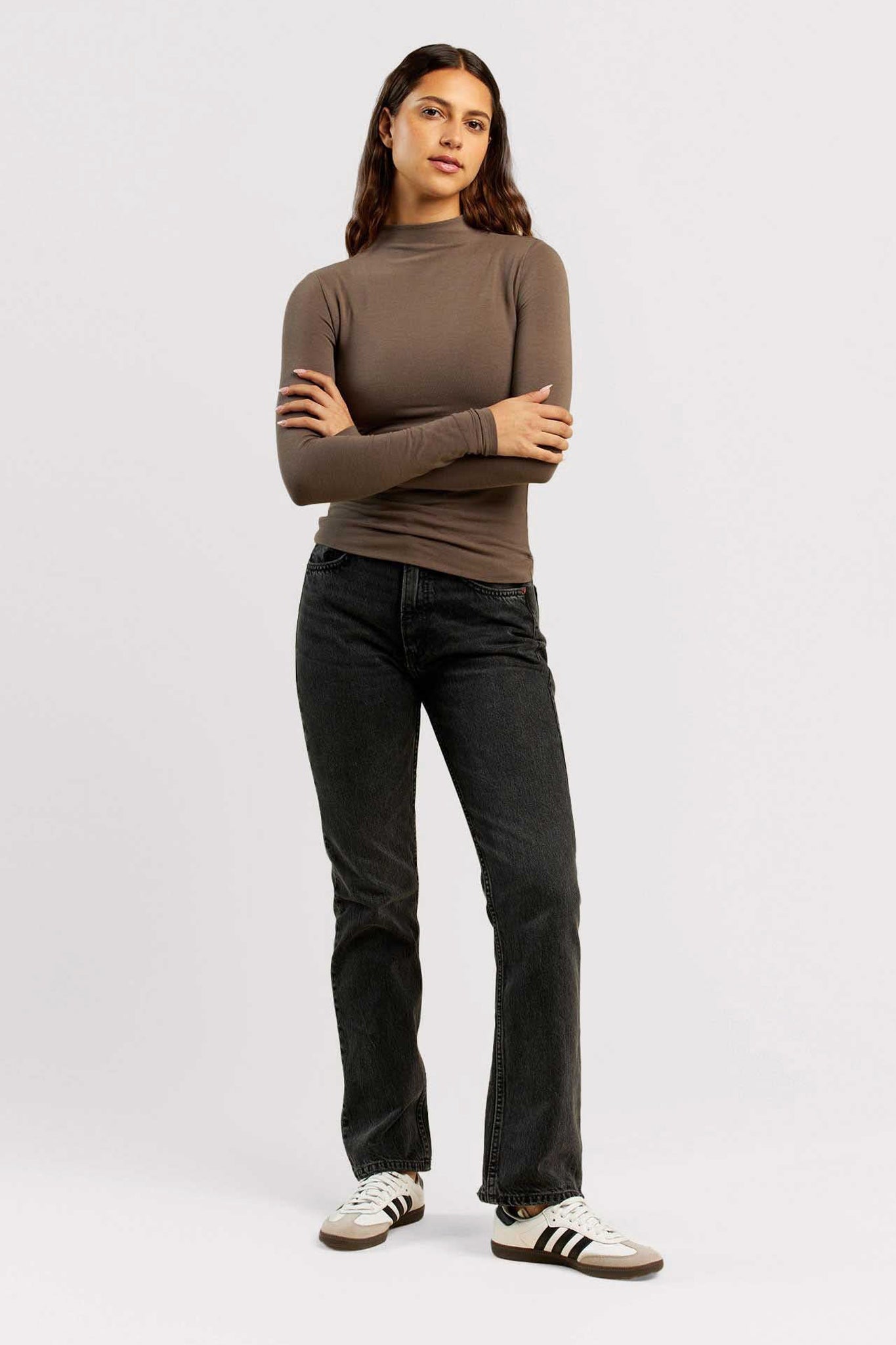 Cotton Stretch Long Sleeve Mock Neck Shirt | Mocha
