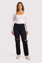 Cotton Stretch Long Sleeve Square Neck Bodysuit | White